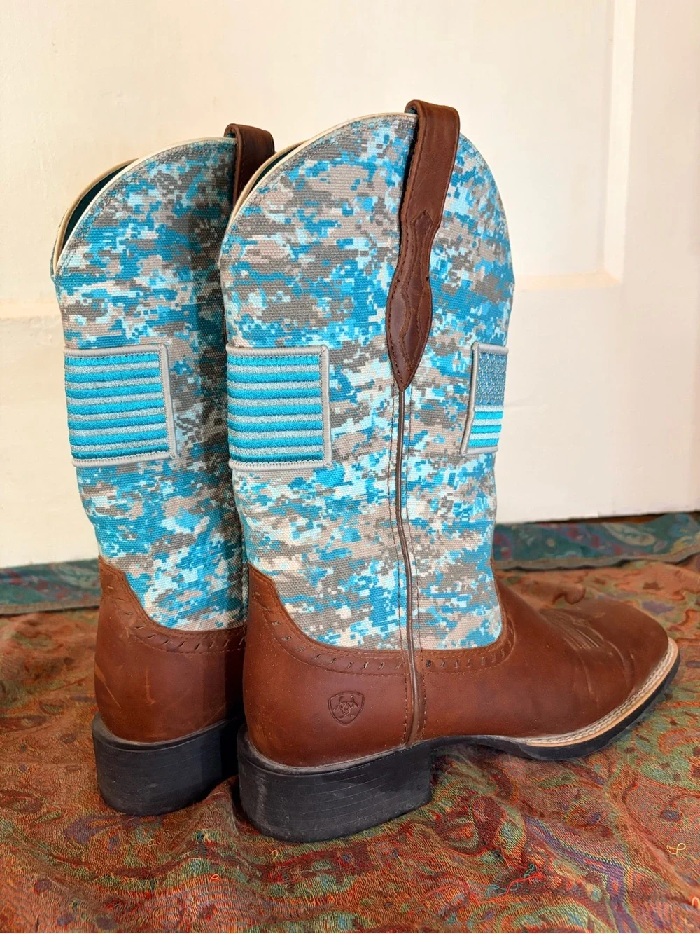 Ariat Turquoise Camo Leather Cowboy Boots - Picture 2 of 5